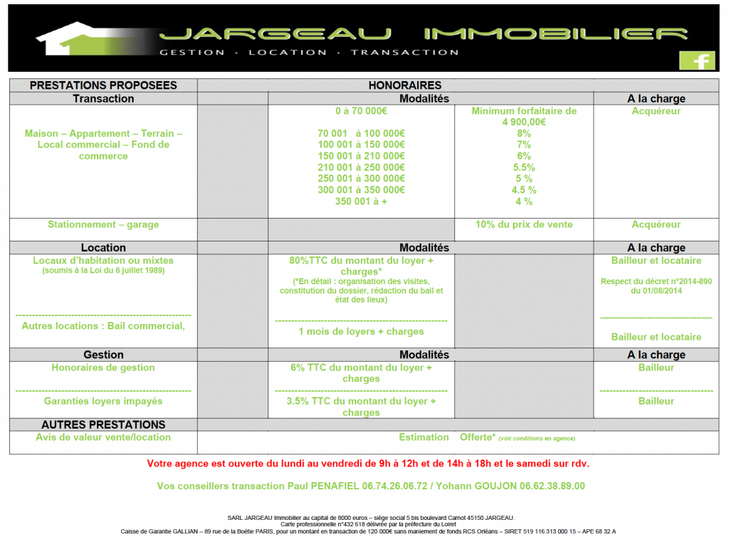 Honoraires Jargeau immobilier 2023